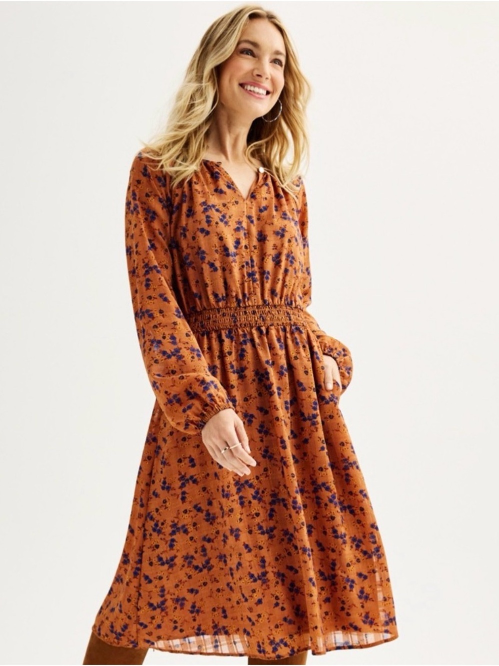 Draper James RSVP Dress Size 1X Smocked Waist Midi Keyhole Cinnamon Rust Blue